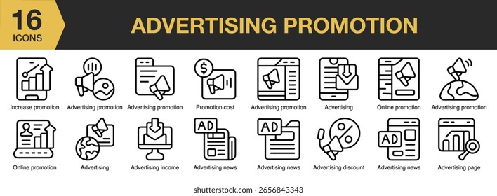Advertising Promotion icon set. Includes promotion, business, advertising, marketing, banner, and More. Outline icons vector collection.