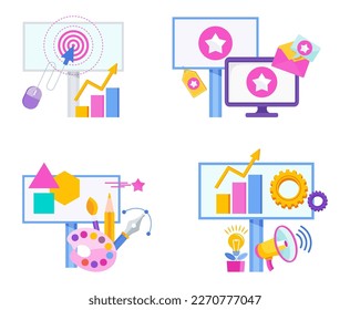 Advertising and promotion icons set. Promotion strategy. Digital Marketing. Social Media Campaign. Flat vector illustration isolated on white background.