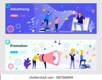 Advertising and promotion landing page with people characters. Sales and marketing strategy presentation web banners set. Retail discounts announcement vector illustration great for social media cover