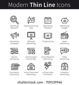 Advertising, promotion media channels, marketing campaign symbols. Online, radio, television commercials, print, outdoor ads. Modern thin line art icons. Linear style illustrations isolated on white.