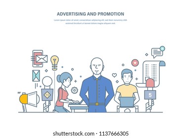 Advertising and promotion. Promotional in social network. Media, digital marketing, online business, digital sale and promotion of goods and services, PR manager. Illustration thin line doodles.