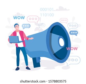 Advertising promotion, social media promo action , business people with loudspeaker, announcement. Vector illustration for web banner, infographics, mobile. Big megaphone advertisement marketing