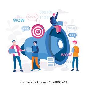 Advertising promotion, social media promo action , business people with loudspeaker, announcement. Vector illustration for web banner, infographics, mobile. Big megaphone advertisement marketing