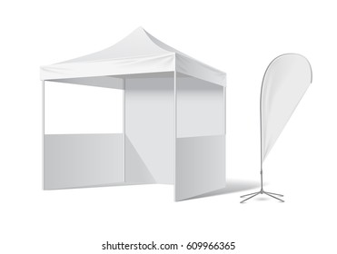 Advertising promotional outdoor mobile tent. Outdoor Feather Flag. Mock up blank template. Illustration isolated on white background vector