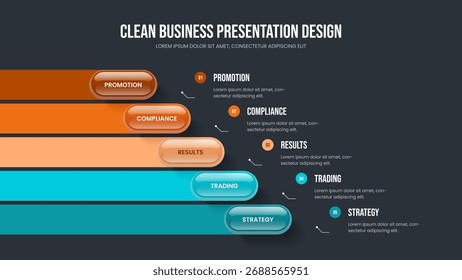 Advertising Proposal 5 Element Infographic Slideshow Design. Business Showcase Five Step Diagram Frame Template. Service Innovation Slide Layout Vector Illustration.
