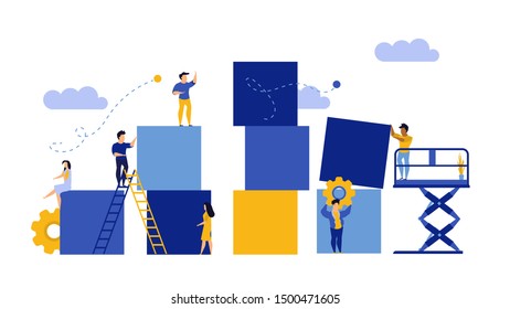 Advertising puzzle from cube block vector flat illustration. Analytics chart business job people teamwork. Community deal banner cooperation jigsaw. Human alliance office group work company team