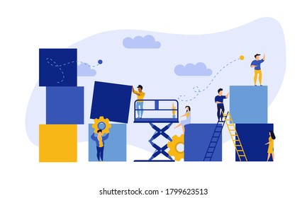 Werberätsel aus Würfelblock, Vektorgrafik. Analytics Chart Business Job Menschen Teamwork. Community Deal-Banner Kooperation jigsaw. Team der Personalabteilung