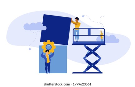 Rompecabezas publicitario de la ilustración plana del vector de bloques cúbicos. El trabajo en equipo de personas que trabajan en el trabajo de negocios de la tabla analítica. Banner de la cooperación de la comunidad jigsaw. Equipo de trabajo del grupo de oficinas de la alianza humana