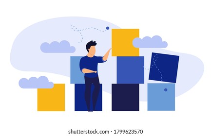 Advertising puzzle from cube block vector flat illustration. Analytics chart business job people teamwork. Community deal banner cooperation jigsaw. Human alliance office group work company team