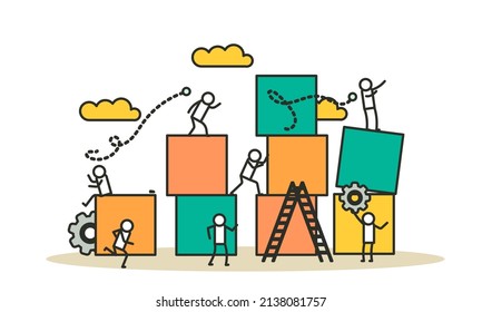 Advertising puzzle from cube block vector flat illustration. Analytics chart business job people teamwork. Community deal banner cooperation jigsaw. Human alliance office group work company team