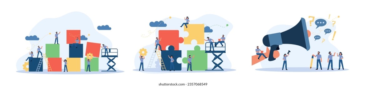 Advertising puzzle from cube block vector flat illustration. Analytics chart business job people teamwork. Community deal banner cooperation jigsaw. Human alliance office group work company team