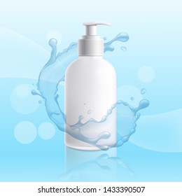 Advertising realistic cosmetic bottle or container for liquid beauty products with the splash of water stream, 3d vector illustration mockup on the blue background.