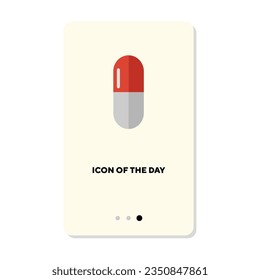 Advertising of red and white capsule flat icon. Vertical sign or vector illustration of pill, painkiller or drug. Medicine, medication, pharmacy, illness concept for web design and apps