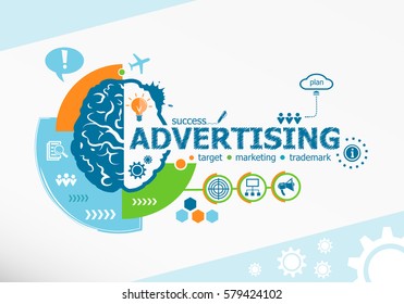 Advertising related words and brain concept. Infographic business. Project for web banner and creative process.