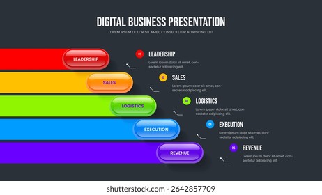 Advertising Report 5 Element Infographic Slide Design. Market Profile Five Step Diagram Frame Template. Product Campaign Presentation Layout Vector Illustration.