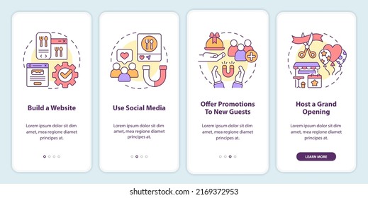 Advertising restaurant onboarding mobile app screen. Use social media walkthrough 4 steps editable graphic instructions with linear concepts. UI, UX, GUI template. Myriad Pro-Bold, Regular fonts used