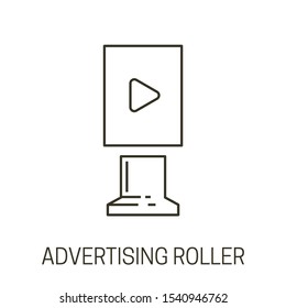 Advertising Roller, Promotional Interactive Information Display, Isolated Outline Icon Vector. Advertisement Stand, Touch Screen Display. Multimedia Banner Linear Symbol, Video Or Slideshow Play