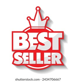 Advertising round sticker Best Seller with crown. Vector on transparent background