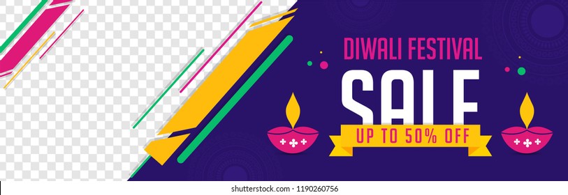 Advertising sale banner design with 50% discount offer and flat style oil lamps on blue background. Website banner for Diwali sale with space for your product image.