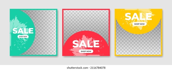 Advertising sale banner template with space of your image. For social media posts and web ads. Modern social media advertising square banner. Red, Yellow, and Green color banner.