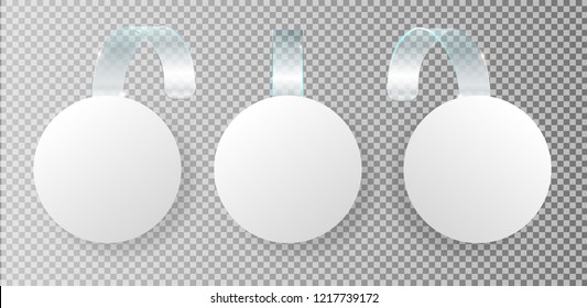 Advertising sale on bended transparent stripe. White round point tag for supermarket sales  on store shelves vector template 3d illustration isolated realistic set checkered background