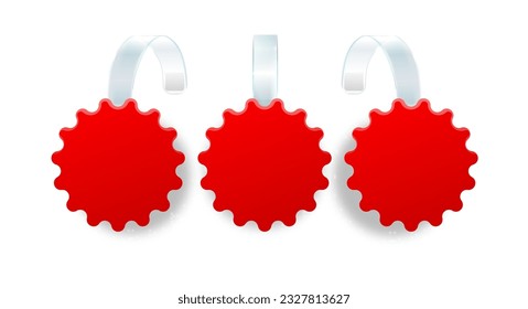 Advertising sale wobbler on bended transparent stripe. round point tag for supermarket sales wobblers on store shelves vector template 3d illustration isolated realistic. Vector