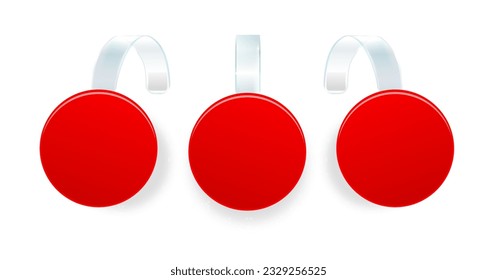 Advertising sale wobbler on bended transparent stripe. round point tag for supermarket sales wobblers on store shelves vector template 3d illustration isolated realistic. Vector