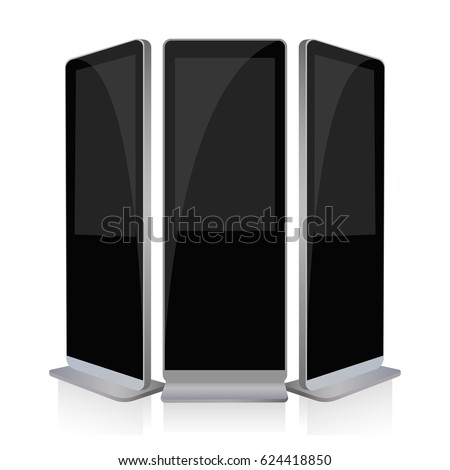 Advertising screen mockup isolated. LCD high defintion digital signage. Display monitors. Multimedia stands. Vector illustration