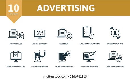 Icono de conjunto de publicidad. Iconos editables tema publicitario como artículos pagados, derechos de autor, personalización y más