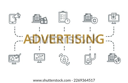 Advertising set icon. Editable icons advertising theme such as paid articles, copyright, personalization and more