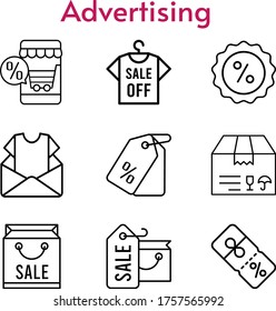 advertising set. included online shop, newsletter, shopping bag, shirt, package, price tag, discount icons. linear styles.