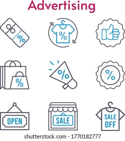 advertising set. included shopping bag, megaphone, shirt, shop, like, discount, open icons. bicolor styles.