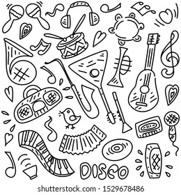 Advertising set musical instruments hand drawn. Hippie music cartoon illustrations. Disco party. Retro, vintage backdrop. Musical pop concert, festival, live event background