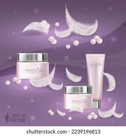 Advertising set of skin care cosmetics, soft pink package for cream decorated with pearls and air feathers, 3d realistic vector illustration