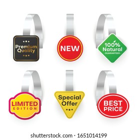 Advertising shelf wobbler mockups. Collection of plastic danglers or tags of different shape. Set of promotional design elements isolated on white background. Modern realistic vector illustration.