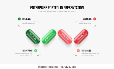 Advertising Showcase 4 Step Infographic Slide Template. Marketing Innovation Four Element Diagram Slideshow Layout. Consulting Strategy Presentation Design Vector Illustration.