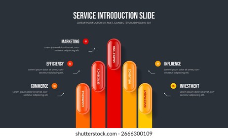 Ilustração de vetor de modelo de quadro de apresentação de publicidade. "Investor Campaign Five Element Infographic Slideshow Layout" (em inglês). Revisão do produto 5 Etapa Diagrama Slide Design.
