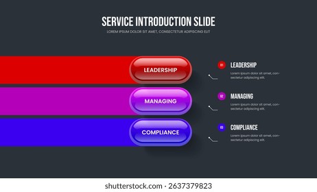 Advertising Showcase Slide Template Vector Illustration. Investor Profile 3 Step Diagram Presentation Design. Company Overview Three Option Infographic Slideshow Layout.