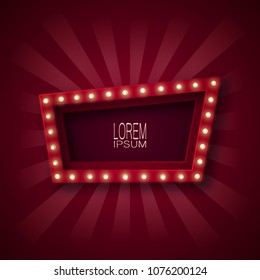 Advertising signboard, banner, emblem for attracting customers. A quadrangle, a trapezoid with glowing light bulbs along the contour, in red and white beams. Claret background. For your design. 10 eps