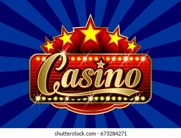 Advertising signboard Casino in vector: word "Casino", stars and flare on a blue background