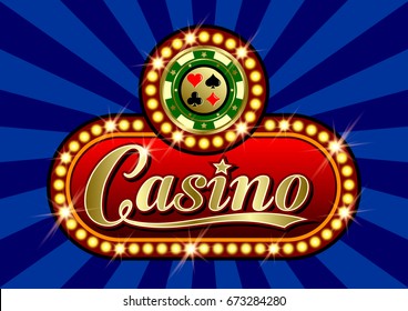 Advertising signboard Casino in vector: word "Casino", casino token (chips), card suits, stars and flare on a blue background