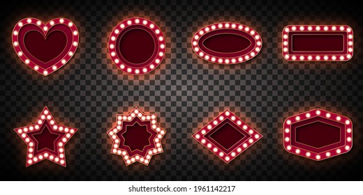 Advertising signs to attract customers. A set of eight different shapes, with glowing lights along the contour. Red tones. Gold border. On a transparent background. Isolated.