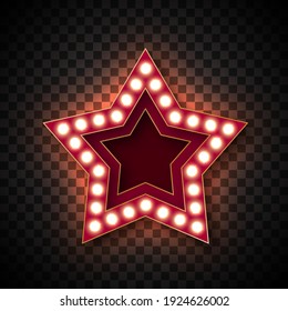 Advertising signs for attracting customers. Five-pointed star with glowing bulbs along the contour. Red tones with Golden border. On a transparent background. Isolated. 