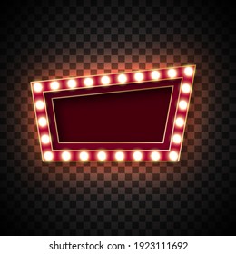 Advertising signs for attracting the customers. A quadrilateral with an elongated right corner, with glowing bulbs along the contour. Red tones. Golden border. On a transparent background. Isolated.