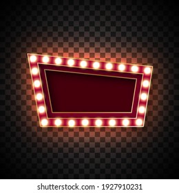 Advertising signs for attracting the customers. A quadrilateral with an elongated left corner, with glowing bulbs along the contour. Red tones. Golden border. On a transparent background. Isolated.