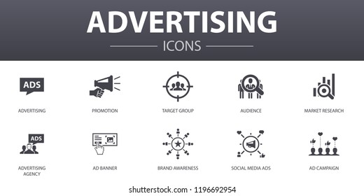 Advertising Simple Concept Icons Set. Contains Such Icons As Market Research, Promotion, Target Group, Brand Awareness And More, Can Be Used For Web, Logo, UI/UX