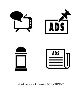 Advertising. Simple Related Vector Icons Set for Video, Mobile Apps, Web Sites, Print Projects and Your Design. Black Flat Illustration on White Background.