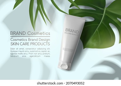 Сosmetics advertising, skincare concept. leaves or flowers.tube of cream on light background 3d illustration with plants,top view. Monstera. 3D realistic plants.