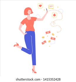 Advertising in social networks. The concept of monetization account. Popular girl makes money on their posts and photos. A young girl holding a phone.
