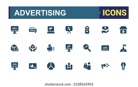 Advertising solid Icons set. Filled and outline Flat icon collection, Add, promotion, Marketing and more. Editable and pixel perfect symbol pack. Vector Illustration.